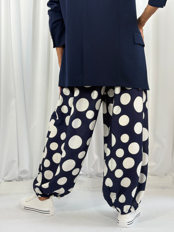 Dora trousers in navy with white polka dots - Pre order arrival date 29 june