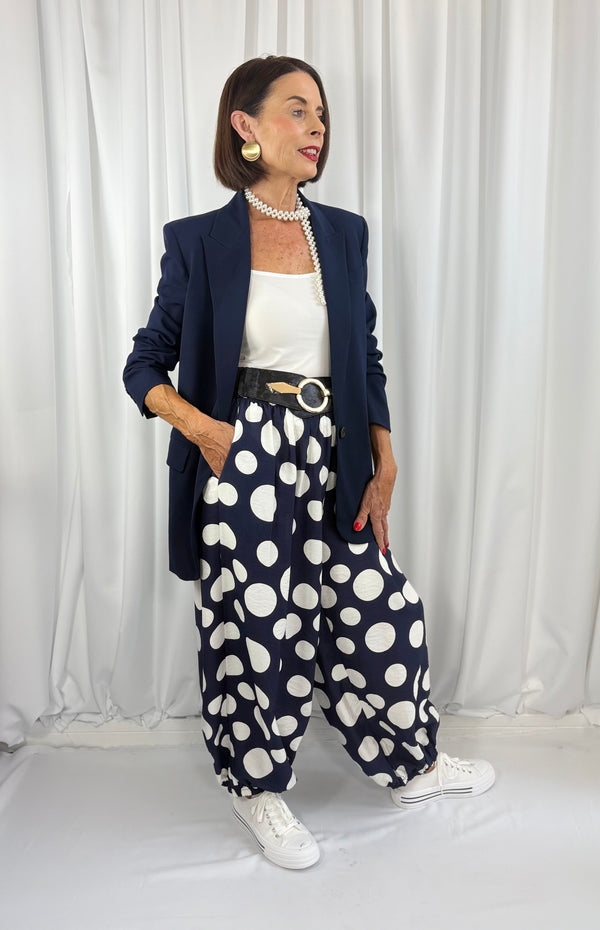 Dora trousers in navy with white polka dots - Pre order arrival date 29 june