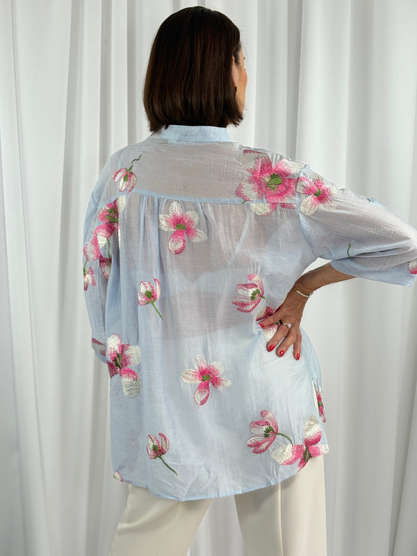 Maybel emroidered flower shirt in baby blue