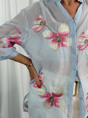 Maybel emroidered flower shirt in baby blue
