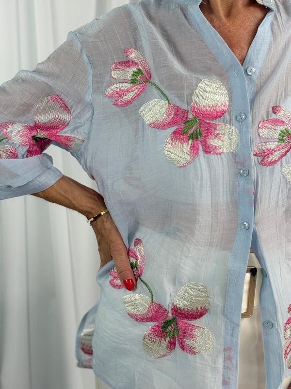 Maybel emroidered flower shirt in baby blue