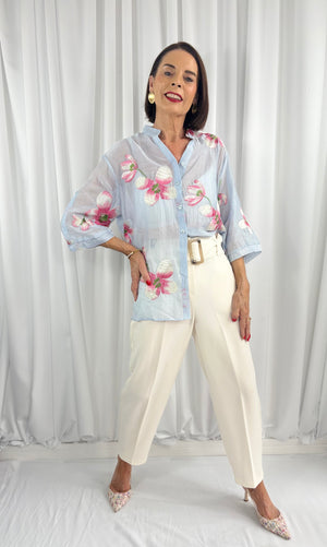 Maybel emroidered flower shirt in baby blue