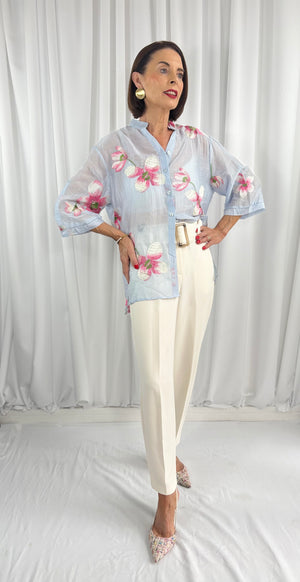 Maybel emroidered flower shirt in baby blue