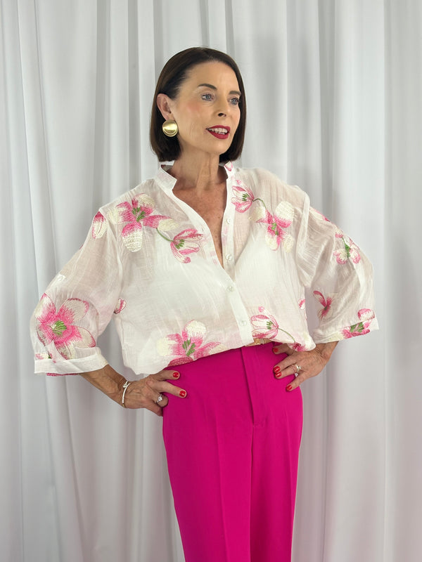 Maybel emroidered flower shirt in white
