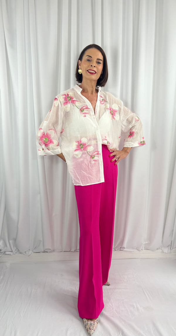 Maybel emroidered flower shirt in white