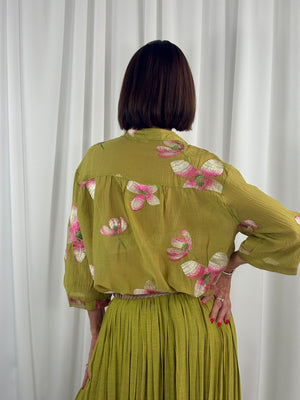 Maybel emroidered flower shirt in Olive green