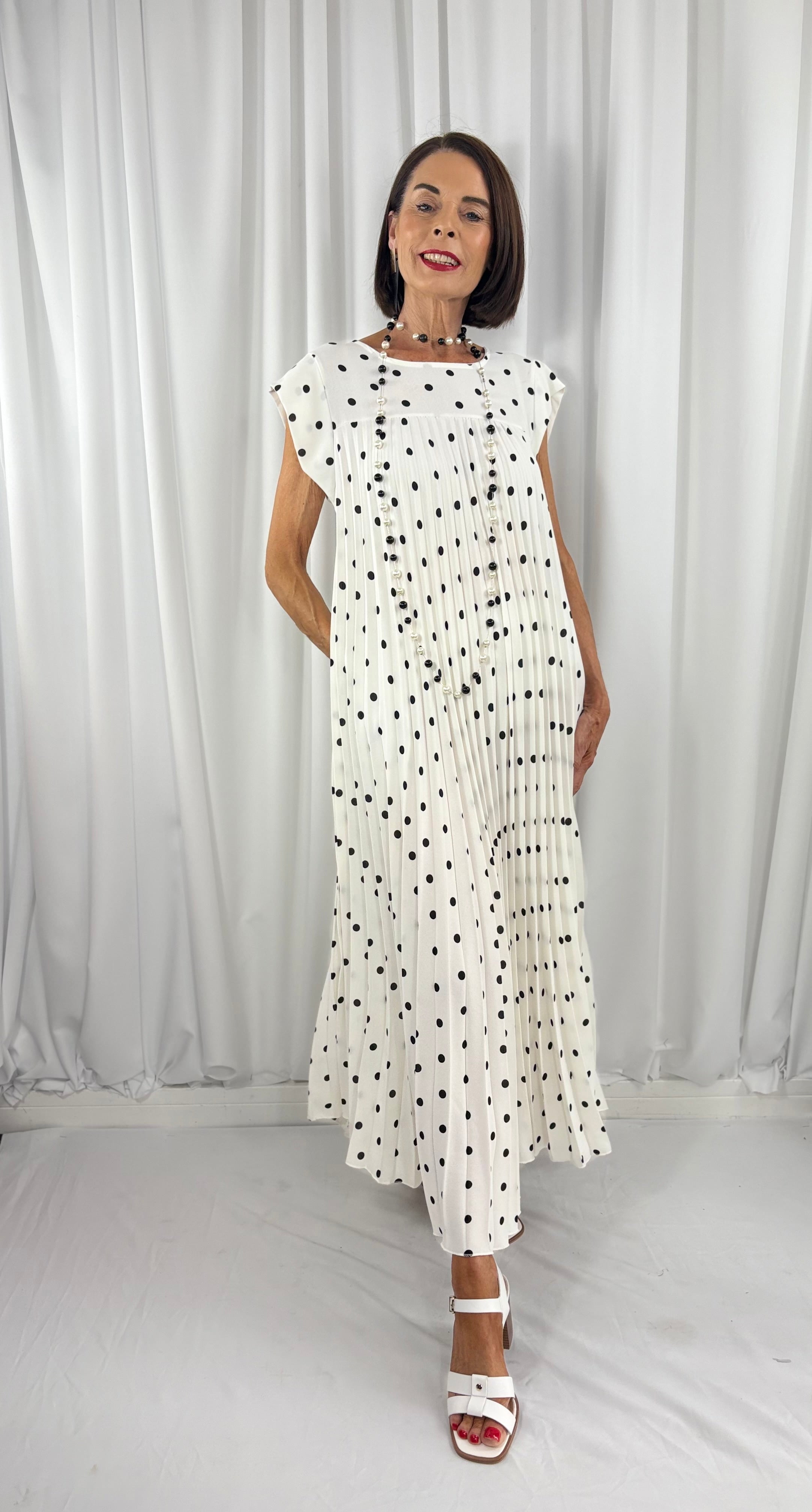 white dress with black spots Reiss Polka Dot Midi Dress in Black/White
