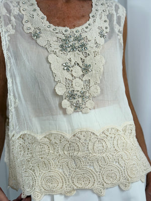 Gabby embellished crochet top in cream