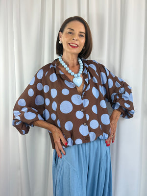 Dorothy jacket in chocolate with navy spots