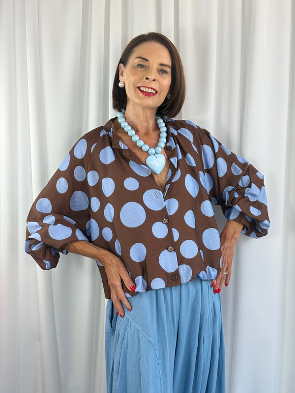 Dorothy jacket in chocolate with navy spots