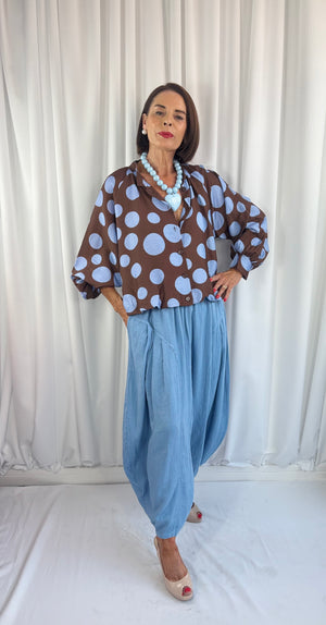 Dorothy jacket in chocolate with navy spots