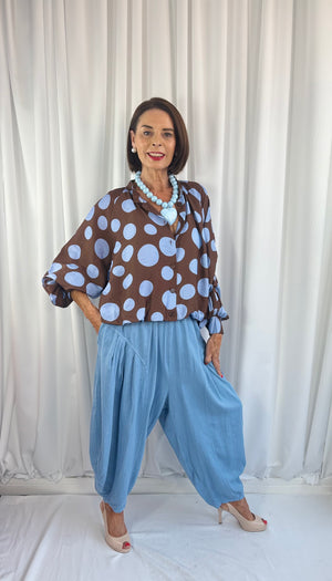 Dorothy jacket in chocolate with navy spots