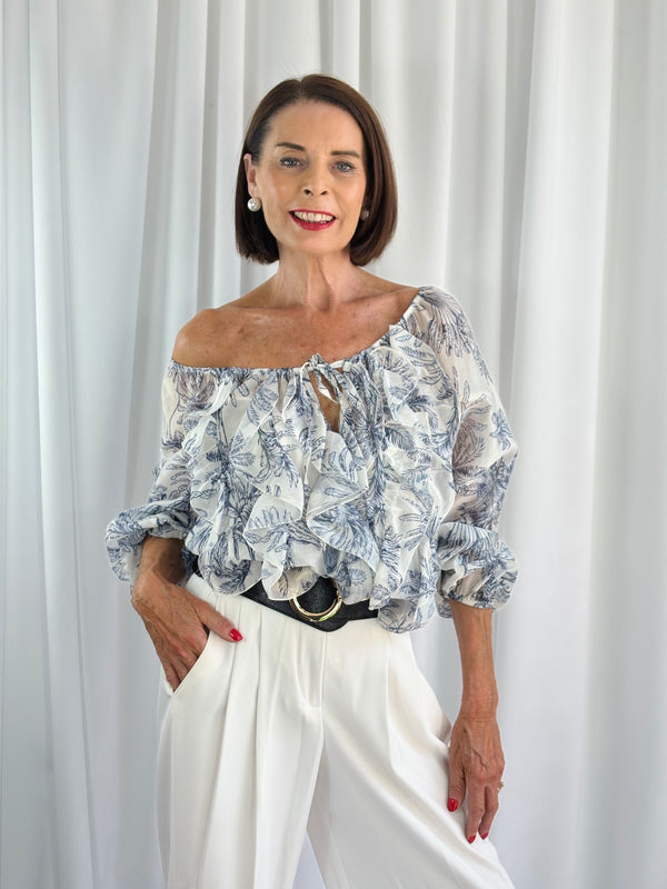Burty ruffle top in navy and white