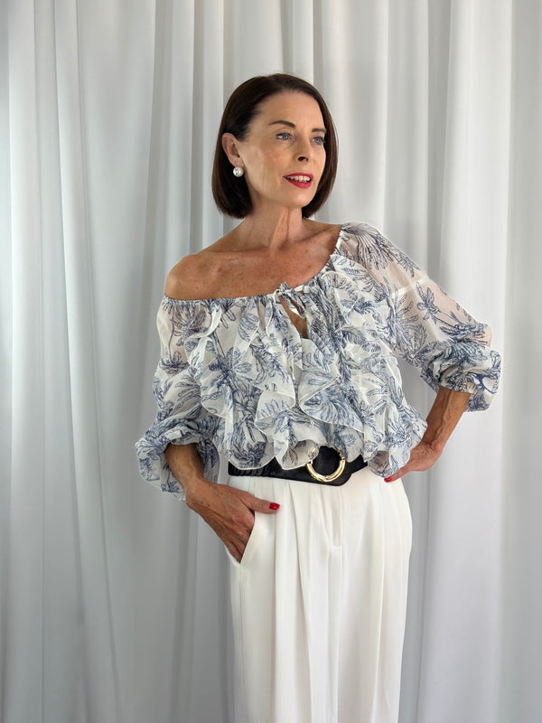 Burty ruffle top in navy and white