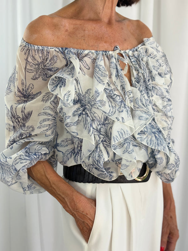 Burty ruffle top in navy and white