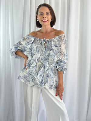 Burty ruffle top in navy and white