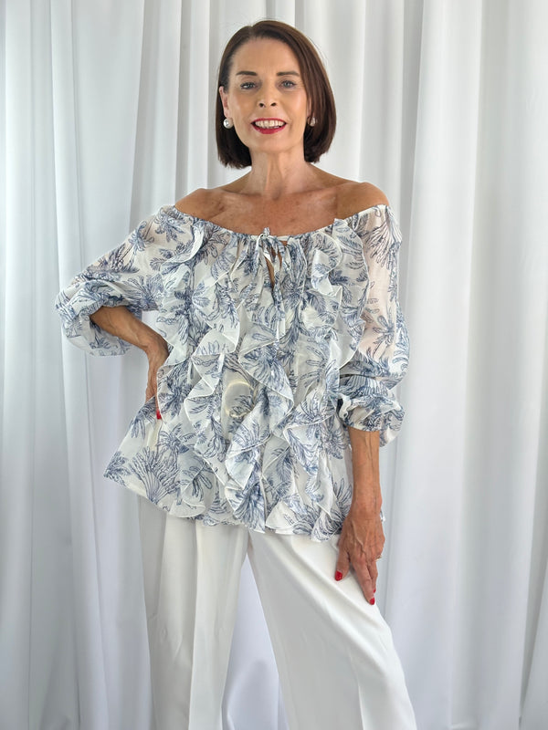 Burty ruffle top in navy and white