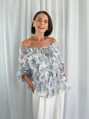 Burty ruffle top in navy and white