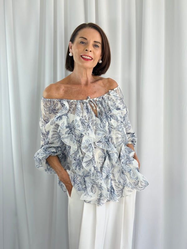 Burty ruffle top in navy and white