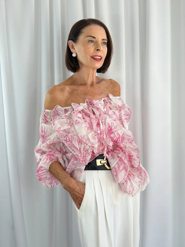 Burty ruffle top in pink and white