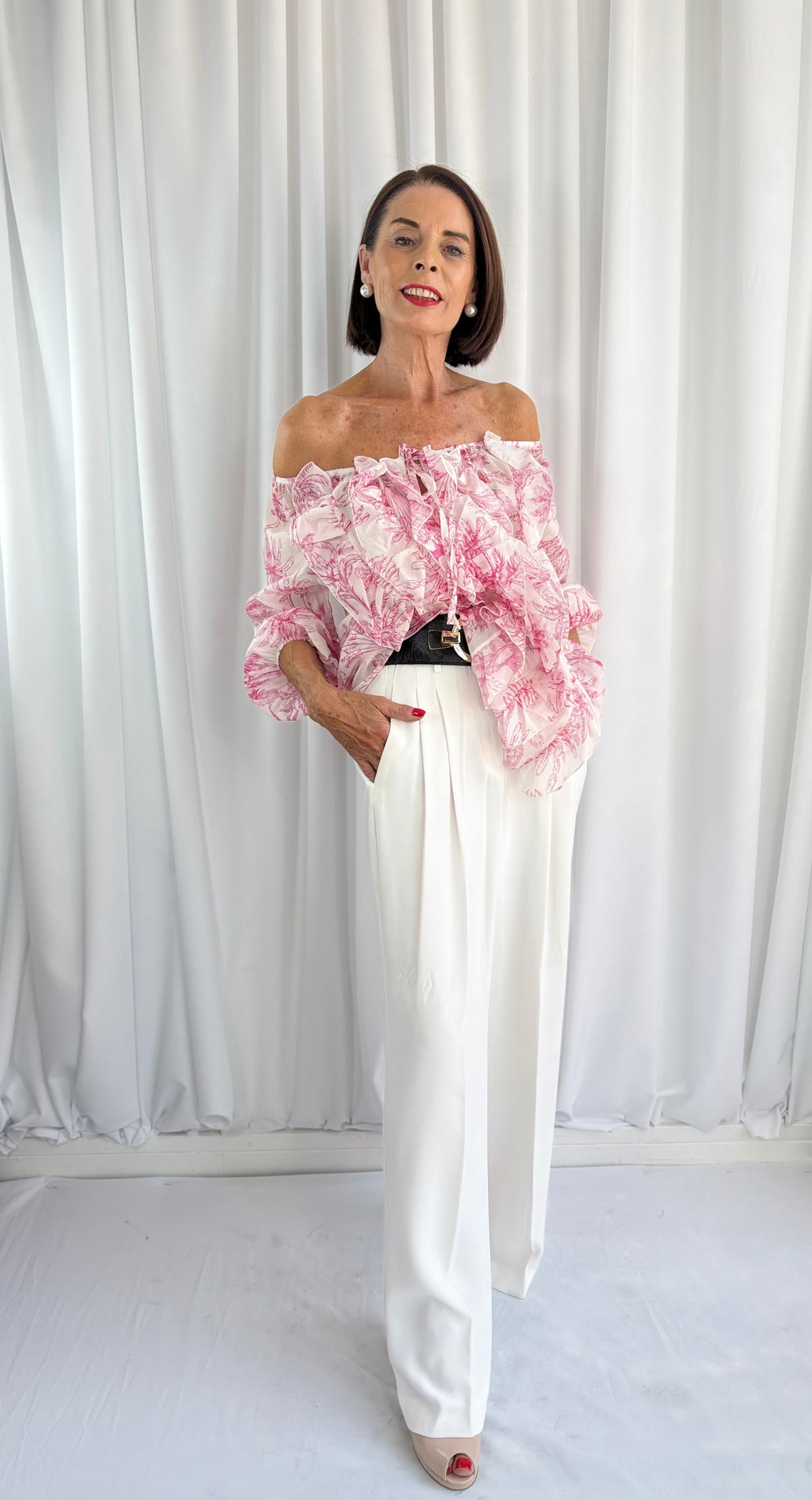 Burty ruffle top in pink and white