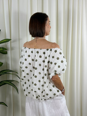 Madison top in white with sage spots