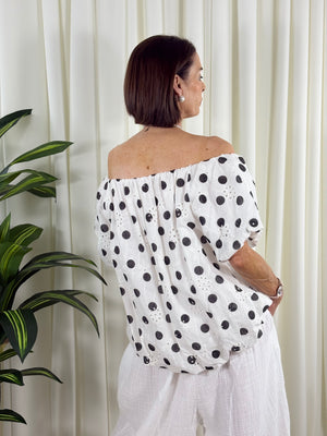 Madison top in white with black spots