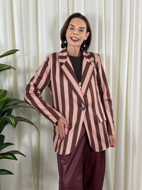 Raya Blazer in salmon and chocolate stripes