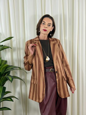 Raya Blazer in camel and chocolate stripes