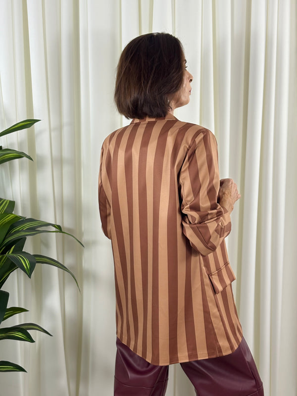 Raya Blazer in camel and chocolate stripes