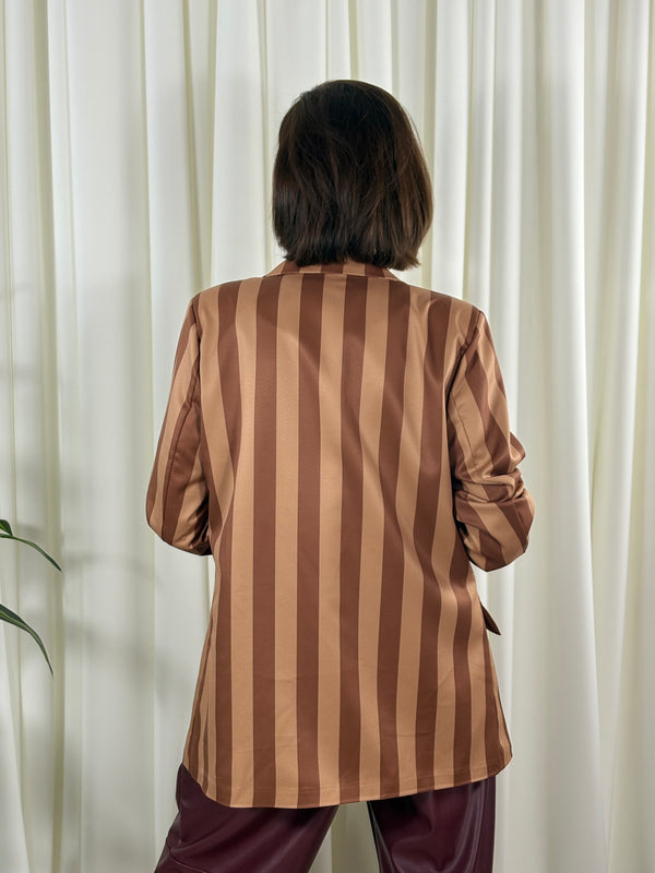 Raya Blazer in camel and chocolate stripes