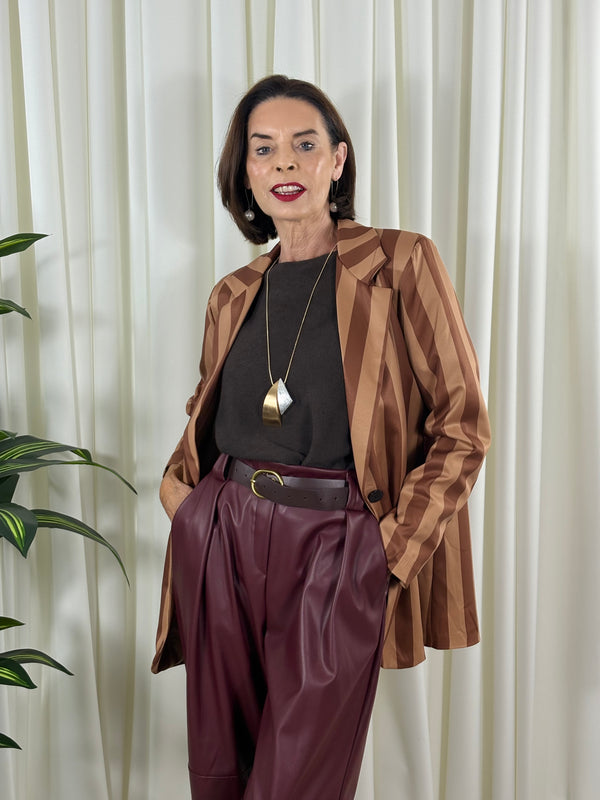 Raya Blazer in camel and chocolate stripes