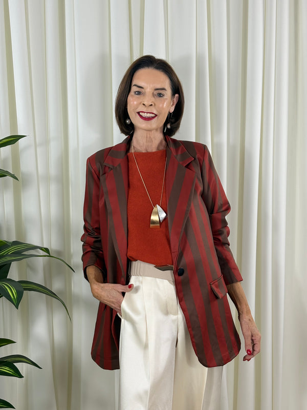 Raya Blazer in rust and chocolate stripes