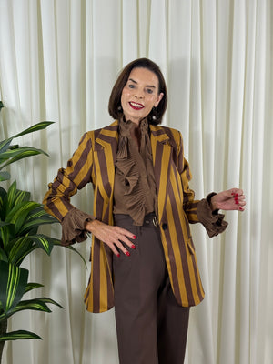 Raya Blazer in mustard and chocolate stripes