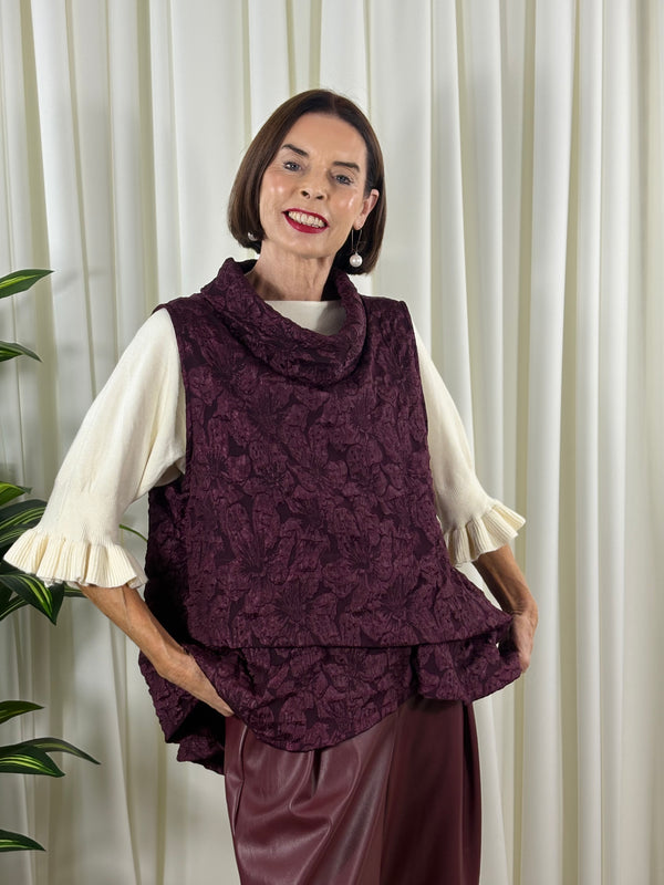Whisper cowl neck waterfall top in mulberry