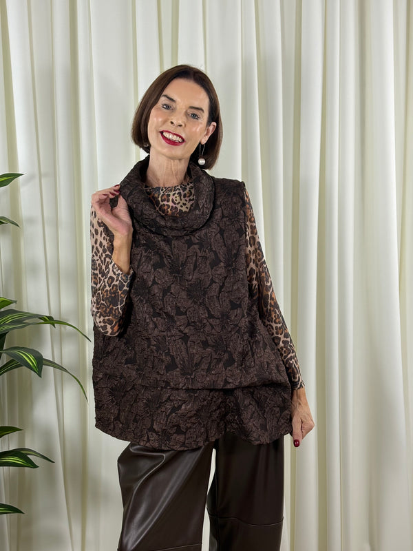 Whisper cowl neck waterfall top in chocolate