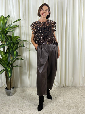 Petra pearl crochet top in chocolate
