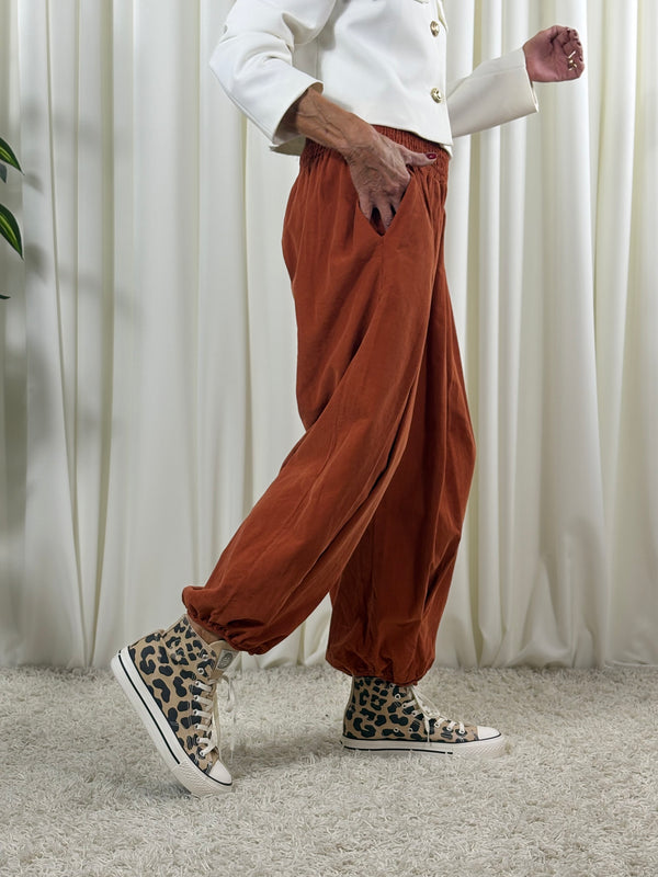 Sofia pin cord balloon trousers in rust