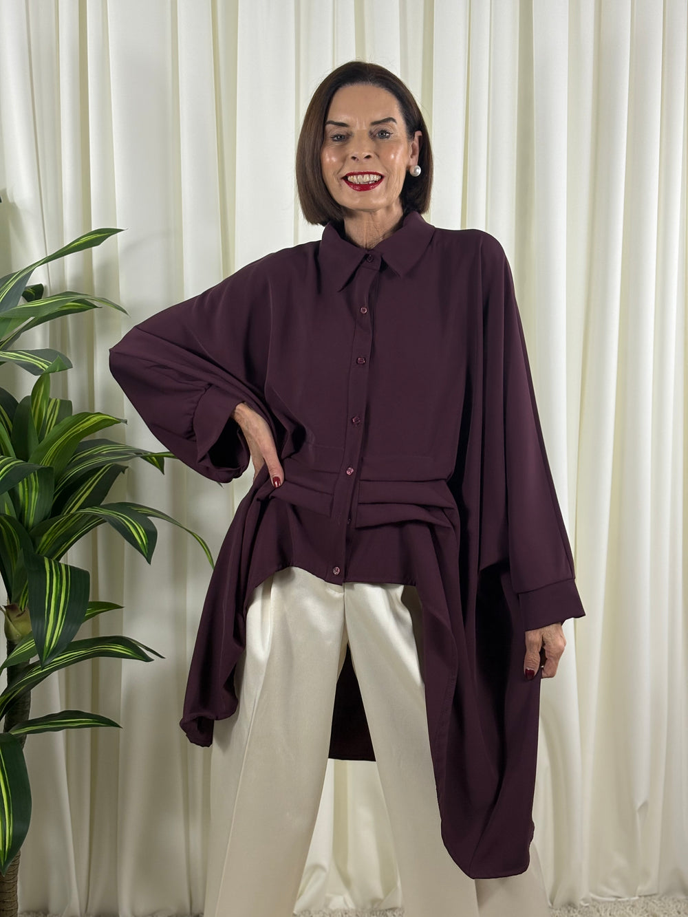 Serene three quarter watrfall jacket in red wine - Bond Street Store