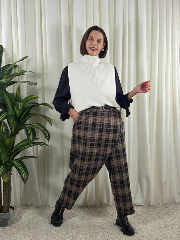 Rachel asymmetric trousers in black and beige