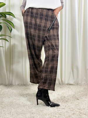 Rachel asymmetric trousers in chocolate and stone