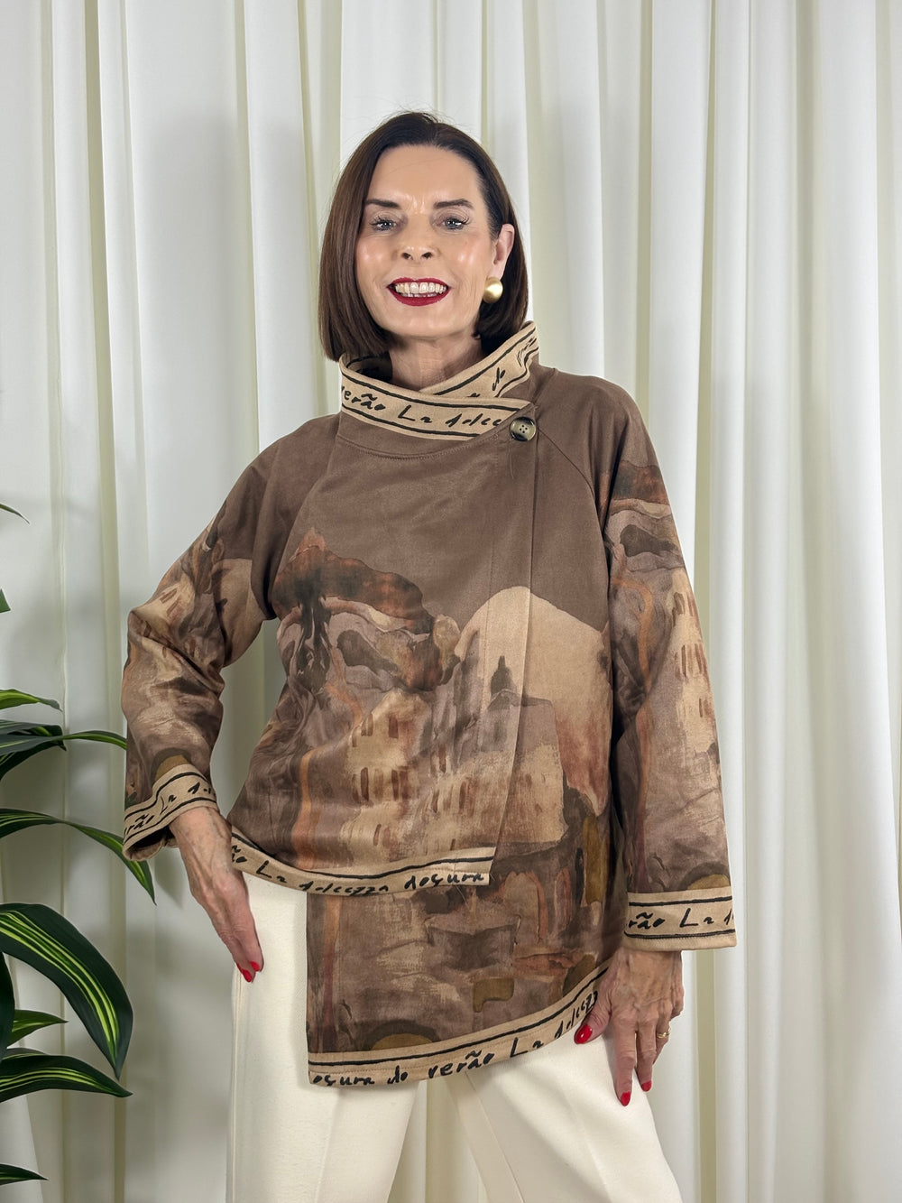Arizona asymmetric waterfall jacket in mocha