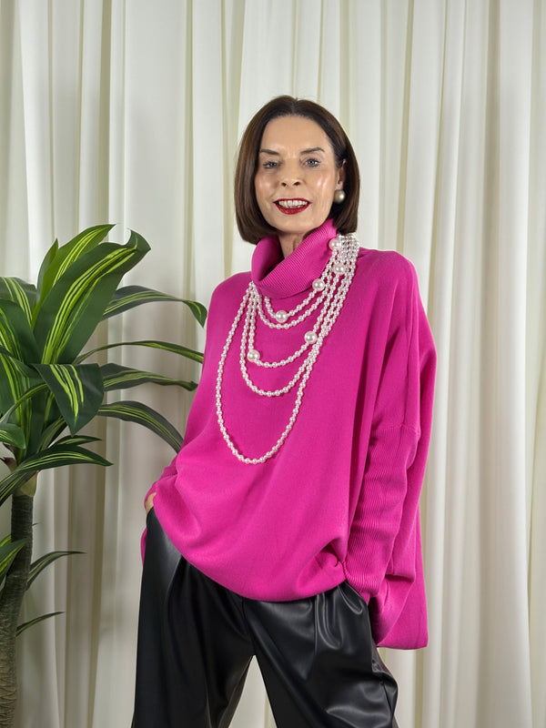Isabelle soft roll neck top in fuchsia