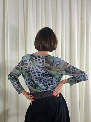 Jona Mesh top in teal mix leopard print
