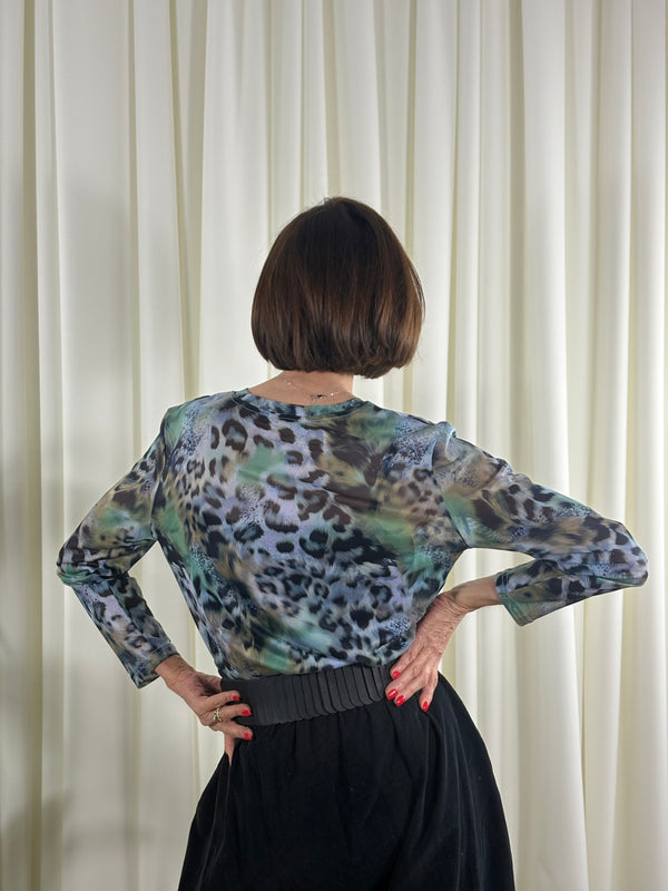 Jona Mesh top in teal mix leopard print