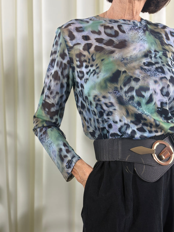 Jona Mesh top in teal mix leopard print