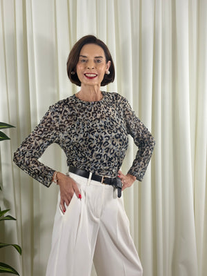 Jona Mesh top in grey mix leopard print
