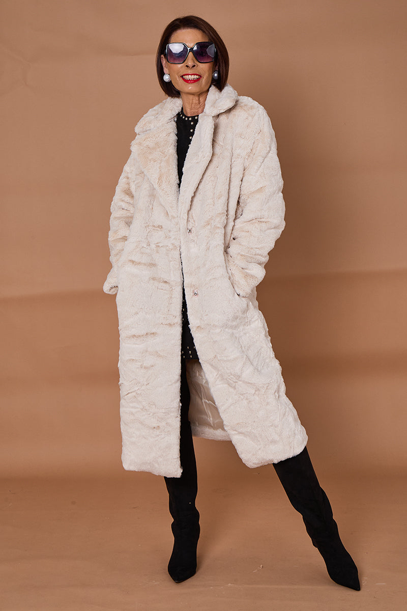 Toronto faux fur long coat in Cream