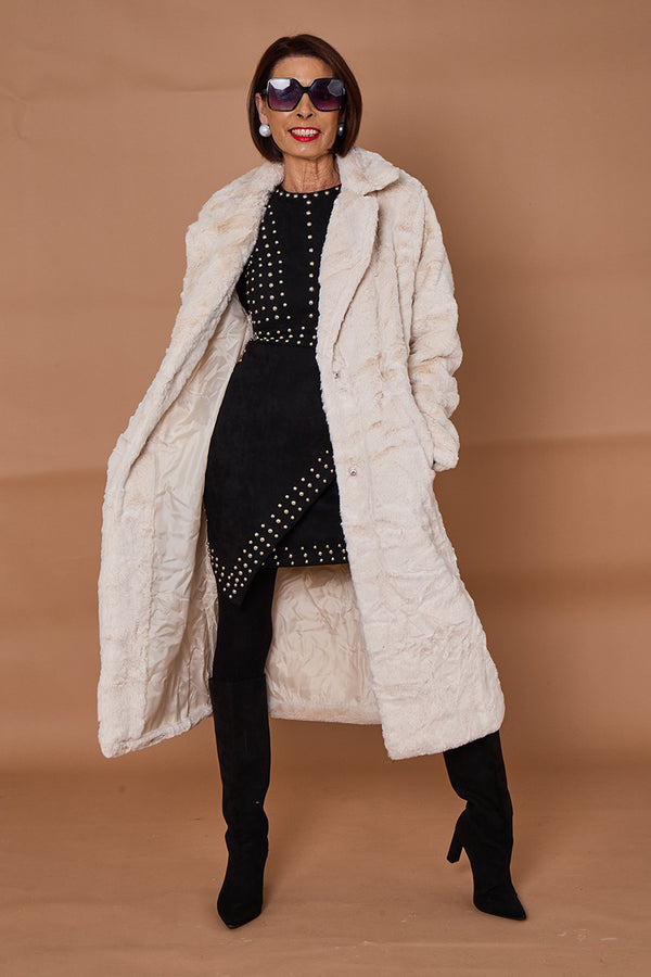 Toronto faux fur long coat in Cream