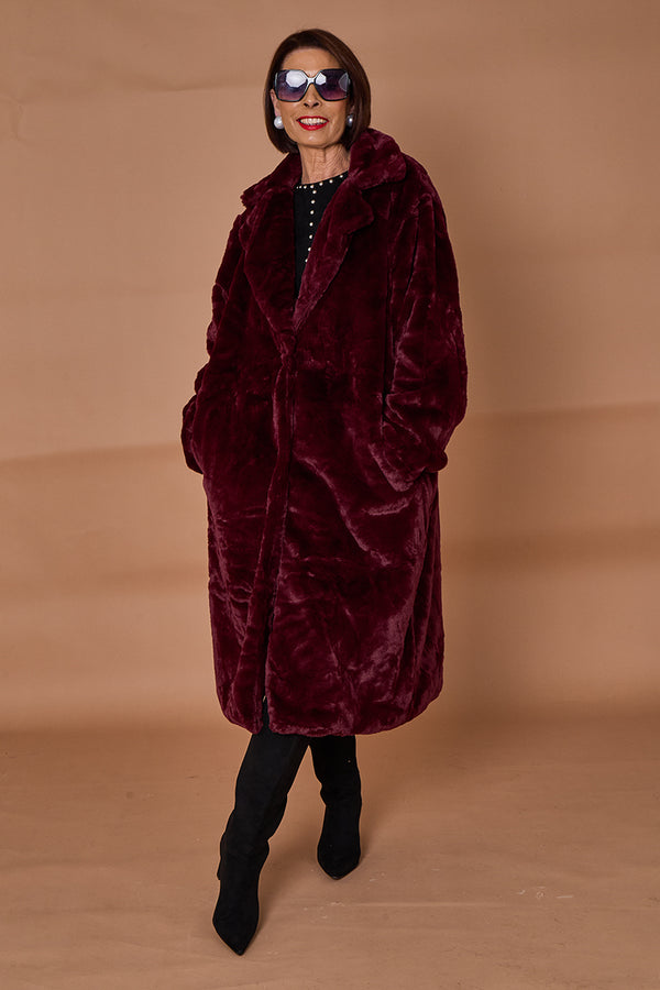 Toronto faux fur long coat in mulberry